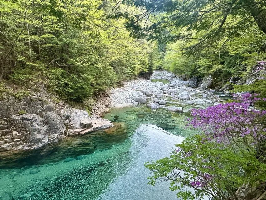 Blaugrünes Wasser und weiße Felsen bei Kuma-ga-fuchi