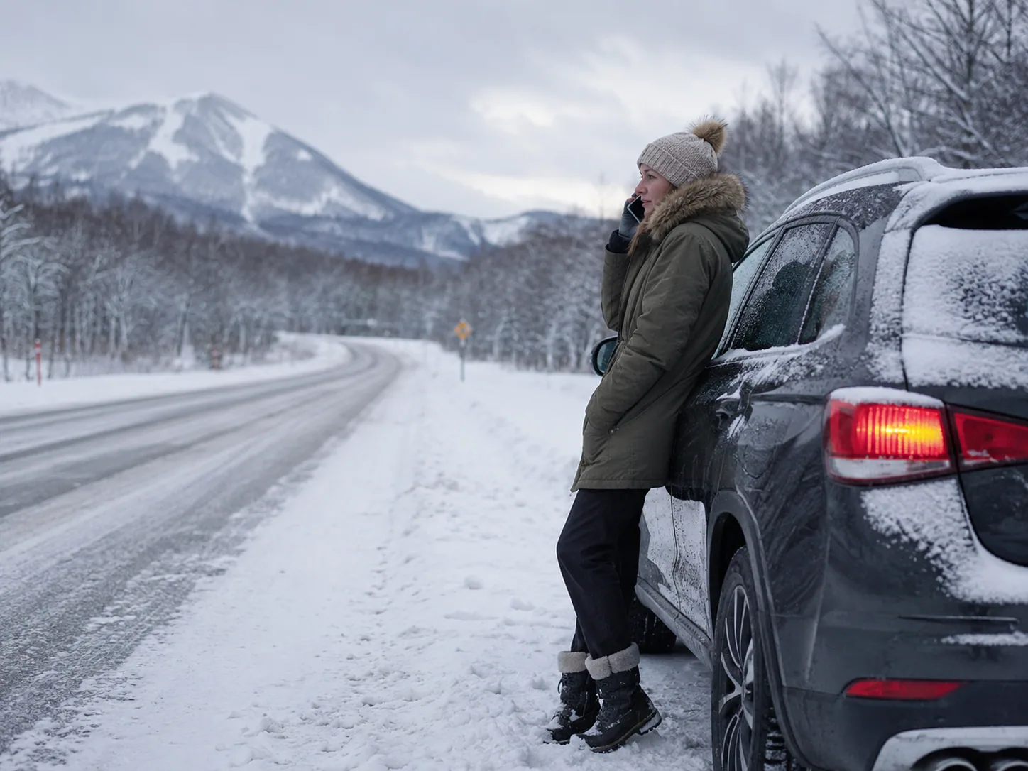 Sicherer Halt und Pannenhilfe auf einer verschneiten Straße in Hokkaido