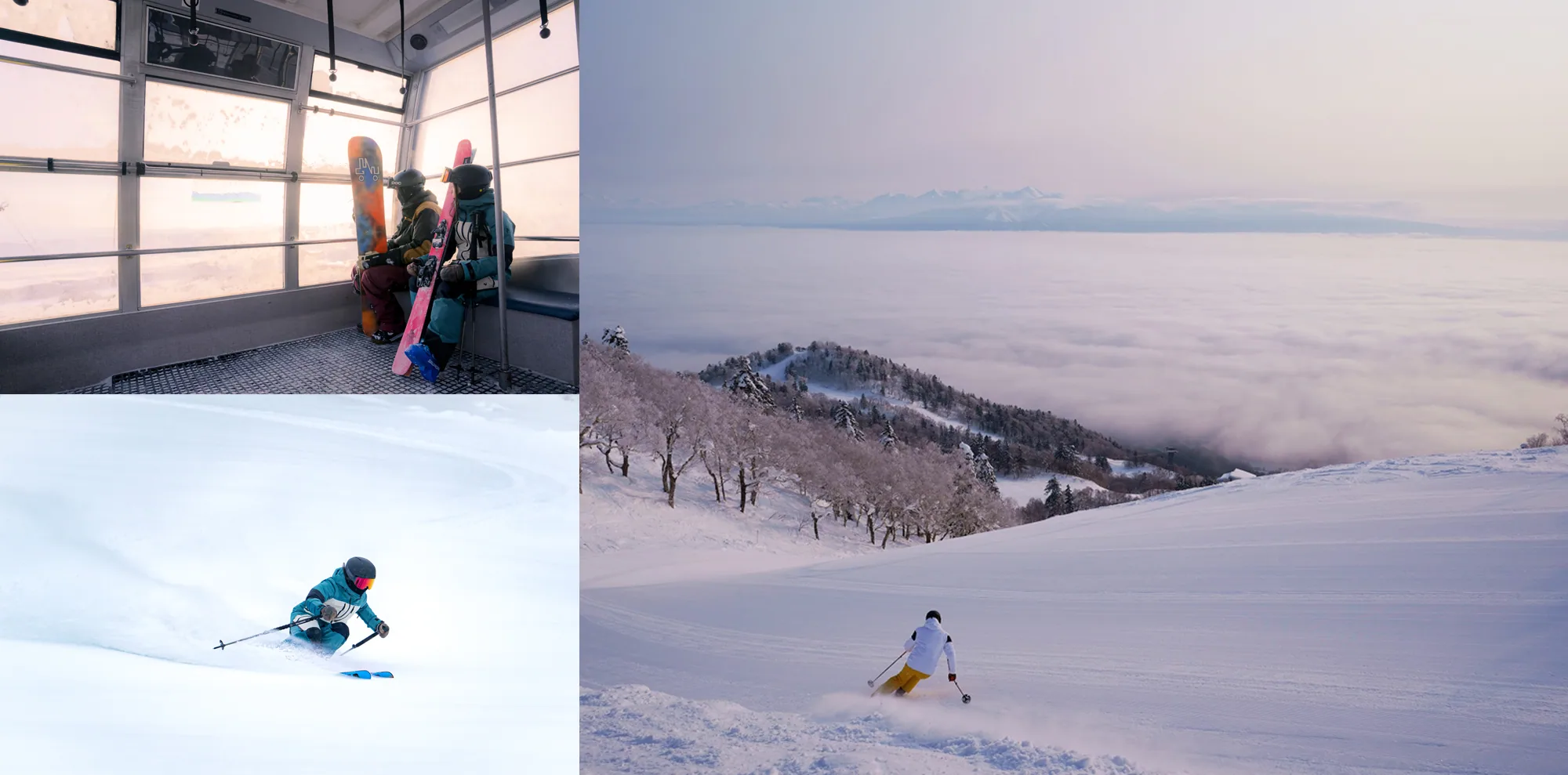 Gondeln über einer sonnigen Skipiste in Furano