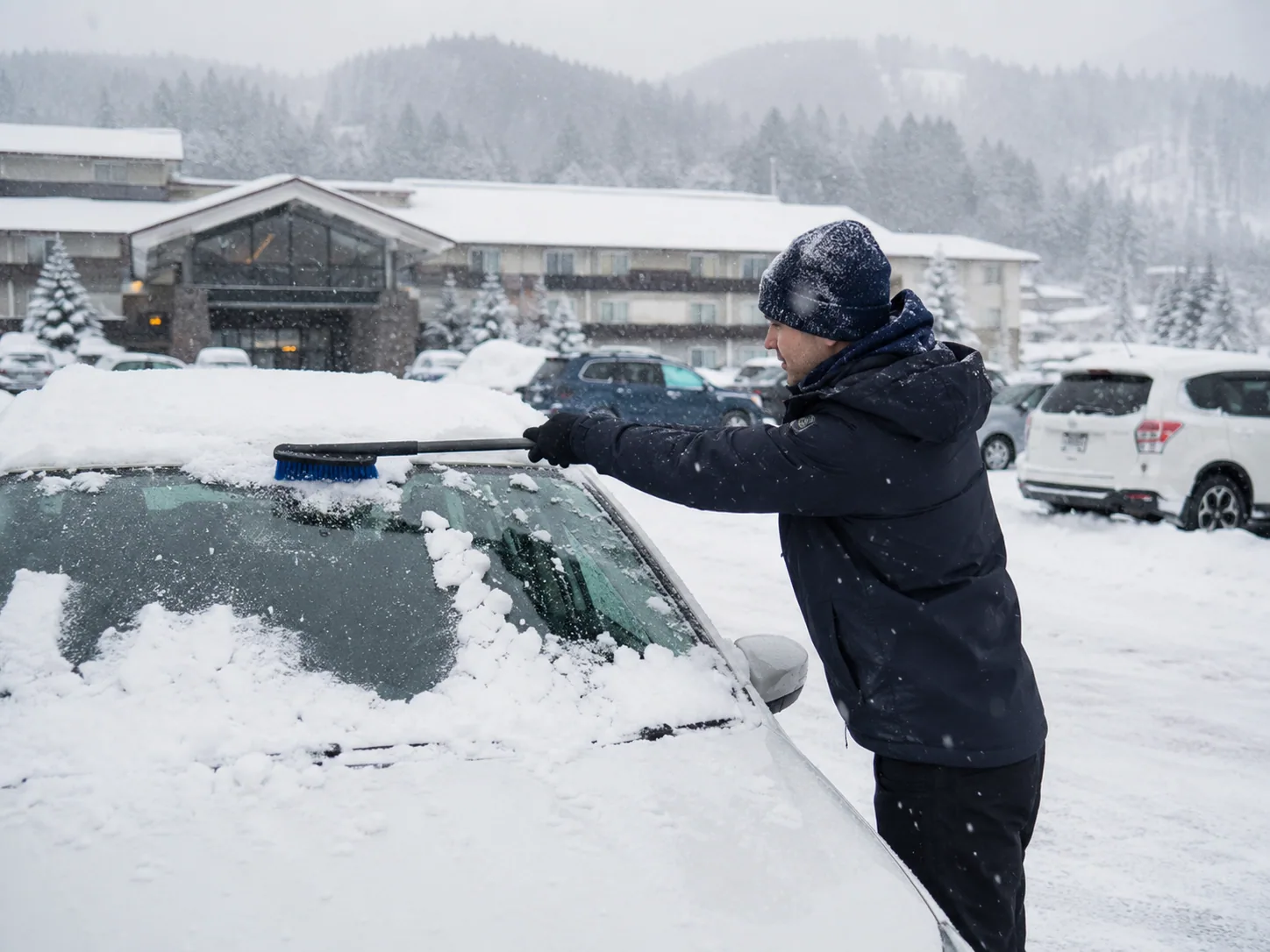 Schneeräumung und winterlicher Parkplatz in Hokkaido